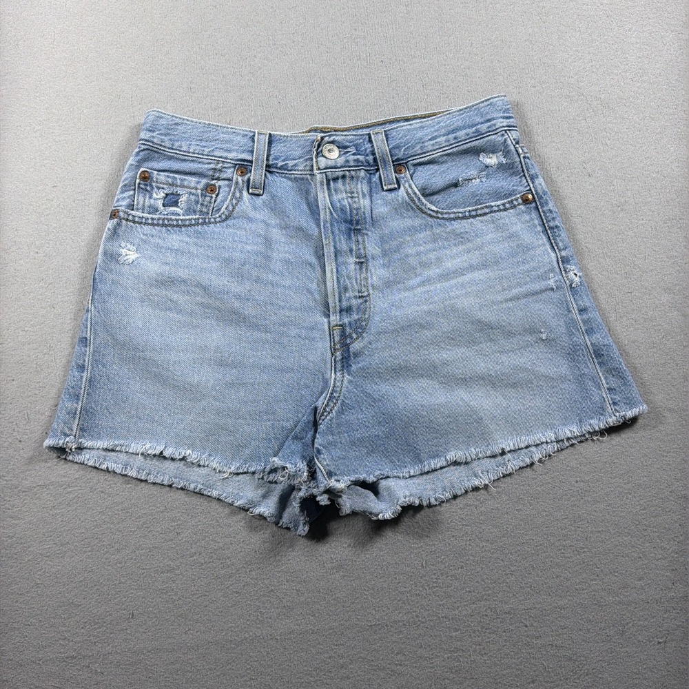 Levis Premium Ribcage Shorts Womens 28 Blue Denim High Rise Cutoff Raw Hem